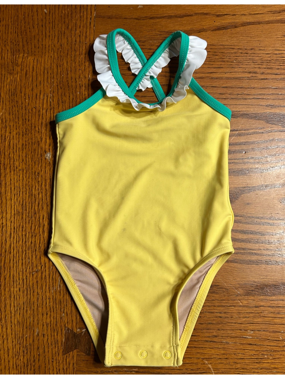 Yellow One-Piece Swimsuit with Green Trim & White Ruffle Straps 12-18 mo